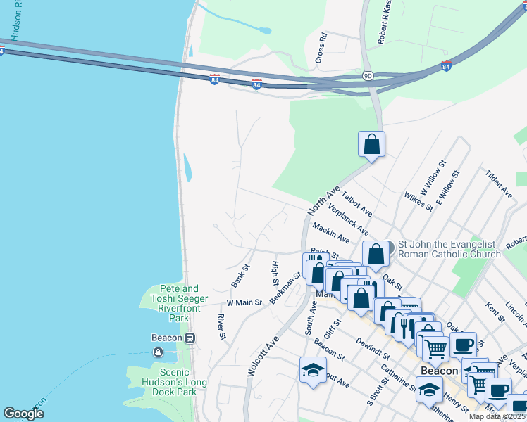 map of restaurants, bars, coffee shops, grocery stores, and more near 27 Lafayette Avenue in Beacon