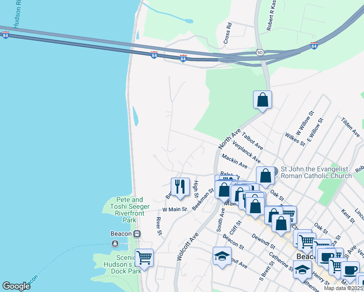 map of restaurants, bars, coffee shops, grocery stores, and more near 3 Monell Place in Beacon