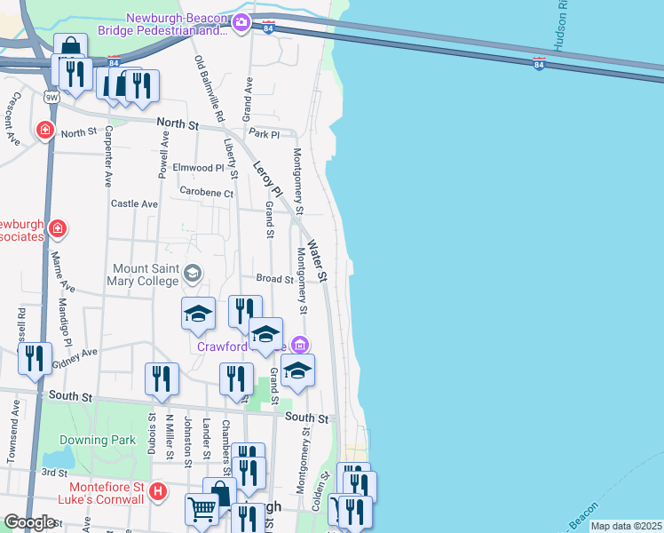 map of restaurants, bars, coffee shops, grocery stores, and more near 322 Water Street in Newburgh