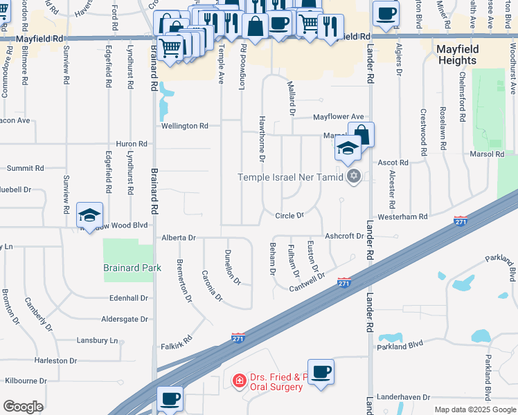 map of restaurants, bars, coffee shops, grocery stores, and more near 1725 Hawthorne Drive in Mayfield Heights