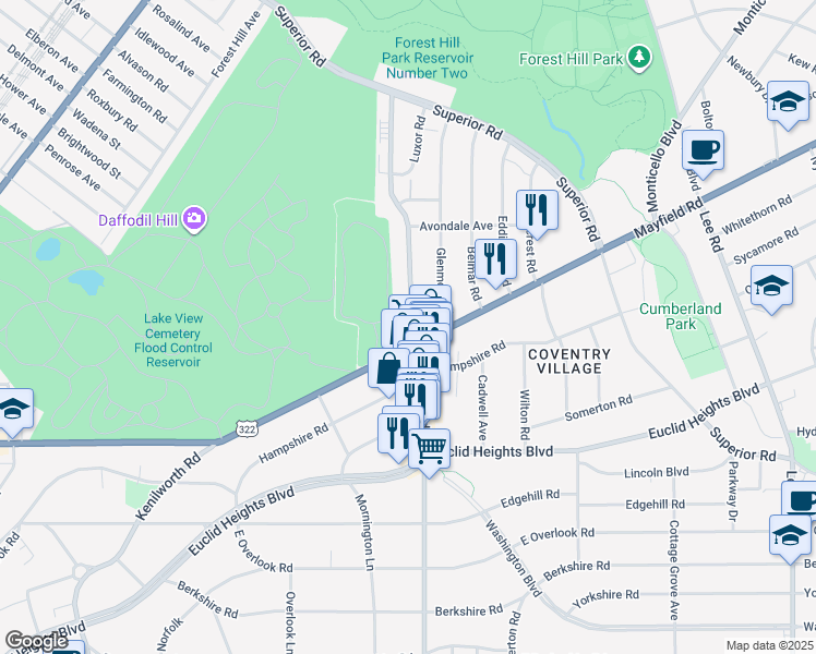 map of restaurants, bars, coffee shops, grocery stores, and more near 1724 Coventry Road in Cleveland Heights