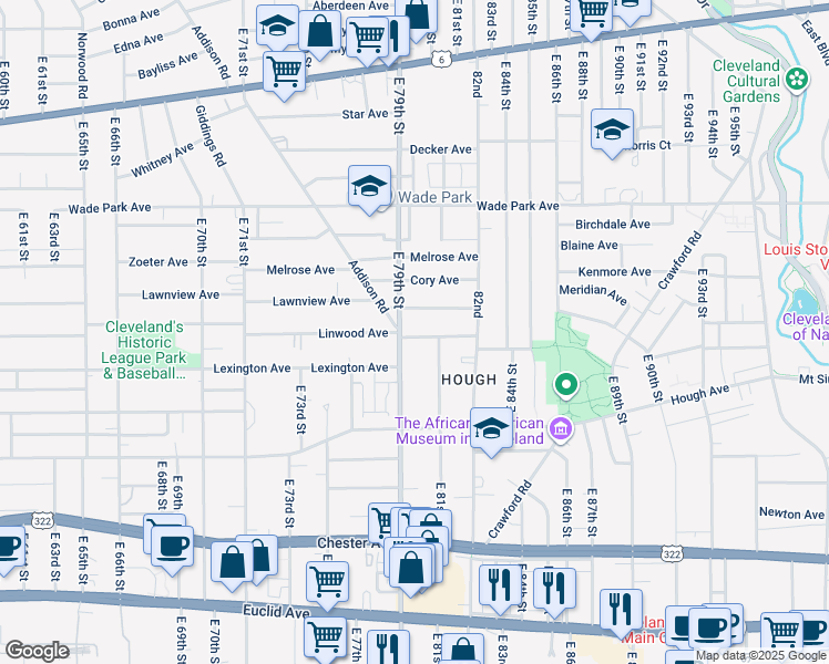 map of restaurants, bars, coffee shops, grocery stores, and more near 8008 Whitethorn Avenue in Cleveland