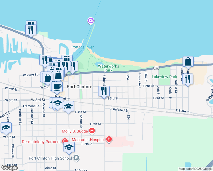 map of restaurants, bars, coffee shops, grocery stores, and more near 503 East 2nd Street in Port Clinton