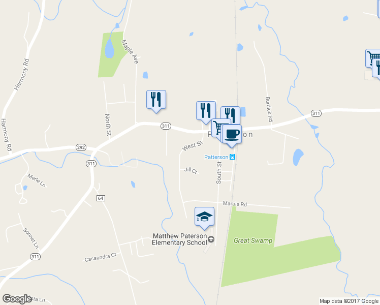 map of restaurants, bars, coffee shops, grocery stores, and more near 86 West Street in Patterson