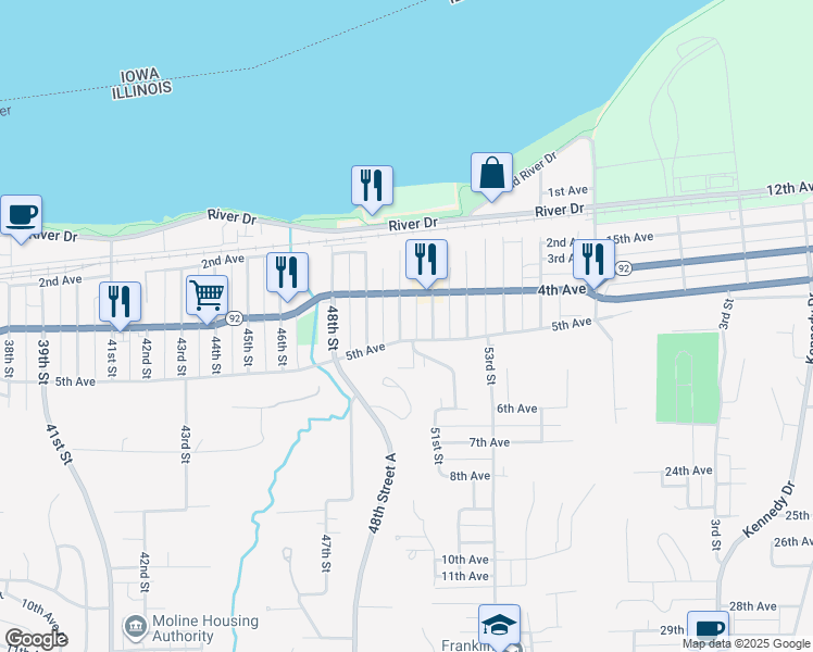map of restaurants, bars, coffee shops, grocery stores, and more near 434 50th Street in Moline