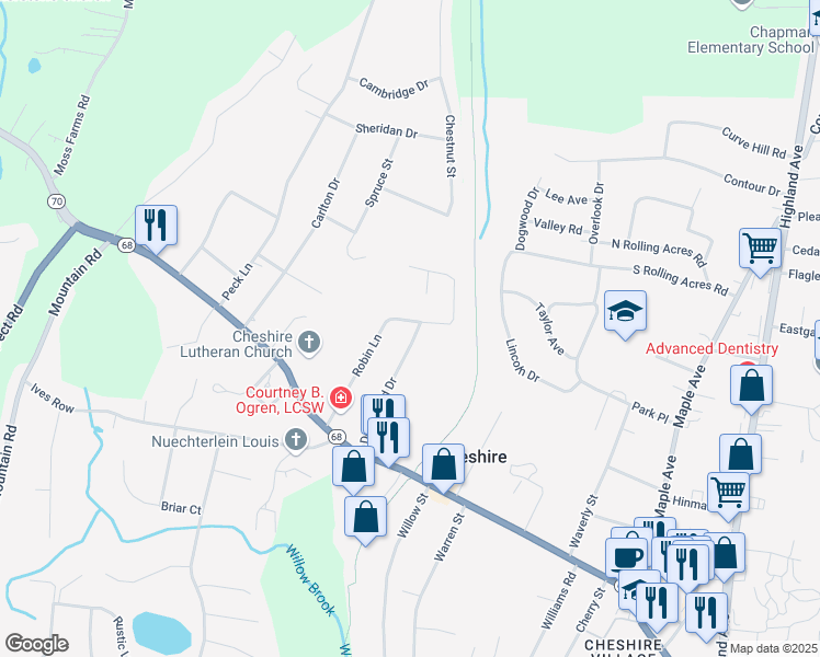 map of restaurants, bars, coffee shops, grocery stores, and more near 254 Robin Lane in Cheshire