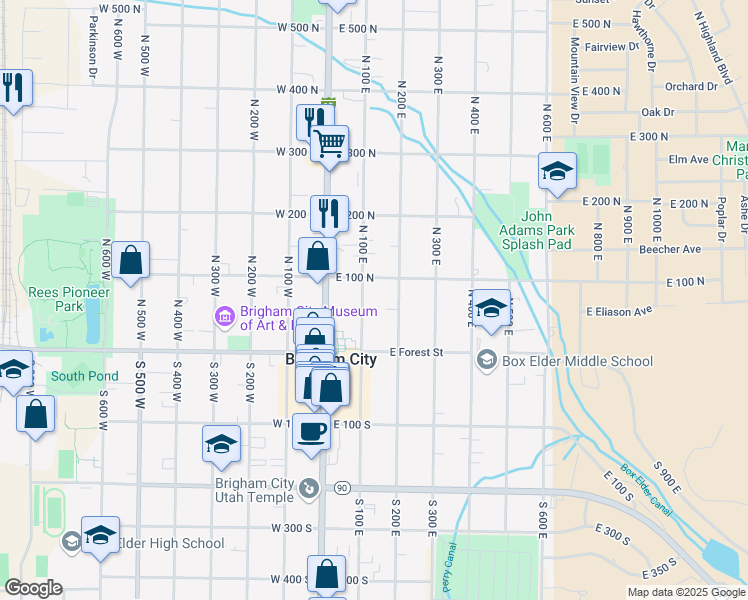 map of restaurants, bars, coffee shops, grocery stores, and more near 74 North 100 East in Brigham City
