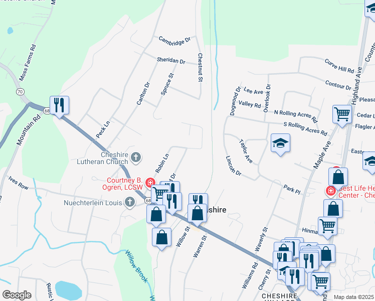 map of restaurants, bars, coffee shops, grocery stores, and more near 400 Robin Court in Cheshire