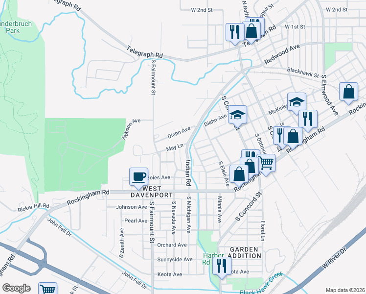 map of restaurants, bars, coffee shops, grocery stores, and more near 3236 Indian Rd in Davenport