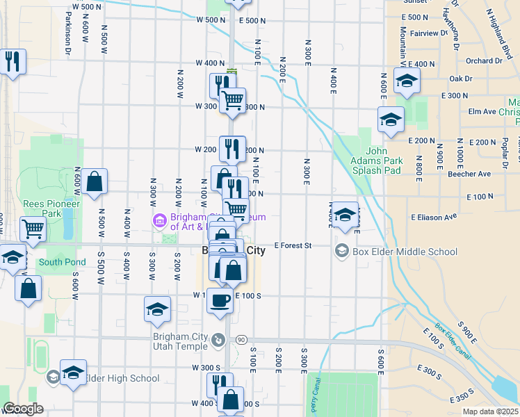map of restaurants, bars, coffee shops, grocery stores, and more near 74 North 100 East in Brigham City