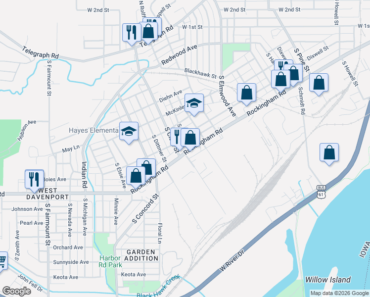 map of restaurants, bars, coffee shops, grocery stores, and more near 2728 Rockingham Road in Davenport