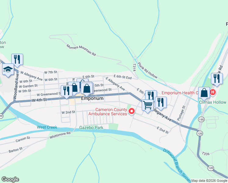 map of restaurants, bars, coffee shops, grocery stores, and more near 201-299 E Greenwood St in Emporium