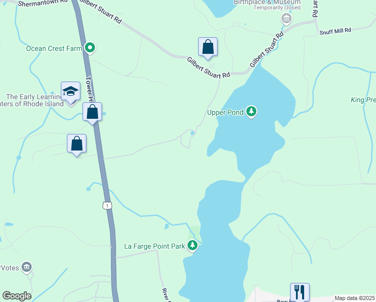 map of restaurants, bars, coffee shops, grocery stores, and more near 2426 Tower Hill Road in North Kingstown