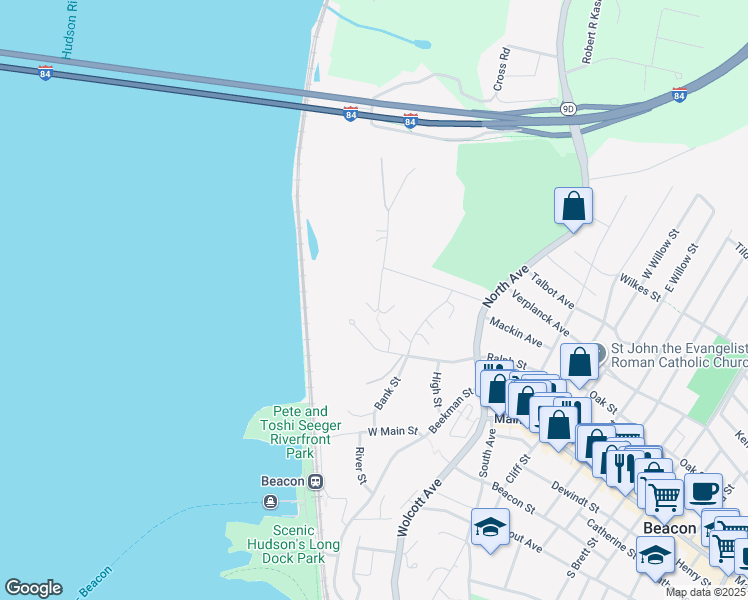 map of restaurants, bars, coffee shops, grocery stores, and more near 150 Tompkins Terrace in Beacon