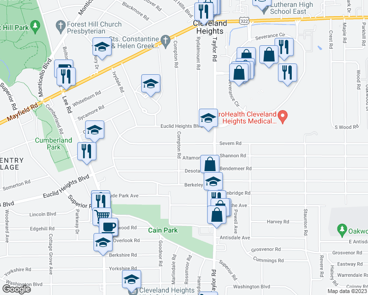 map of restaurants, bars, coffee shops, grocery stores, and more near 3390 Beechwood Avenue in Cleveland Heights