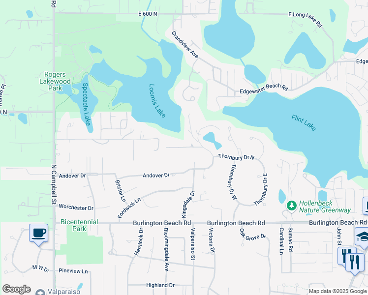 map of restaurants, bars, coffee shops, grocery stores, and more near 5106 Garden Gateway in Valparaiso
