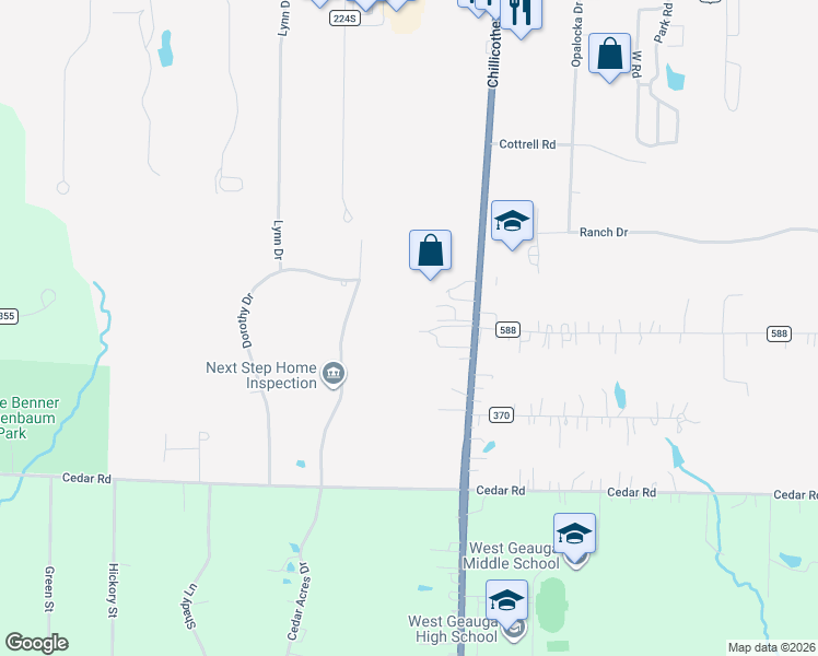 map of restaurants, bars, coffee shops, grocery stores, and more near 13068 Chillicothe Road in Chesterland
