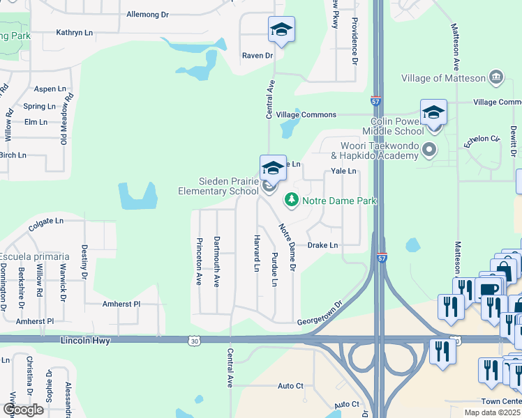 map of restaurants, bars, coffee shops, grocery stores, and more near 745 Harvard Lane in Matteson