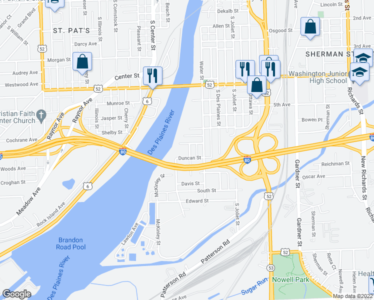 map of restaurants, bars, coffee shops, grocery stores, and more near 607 Kiep Avenue in Joliet