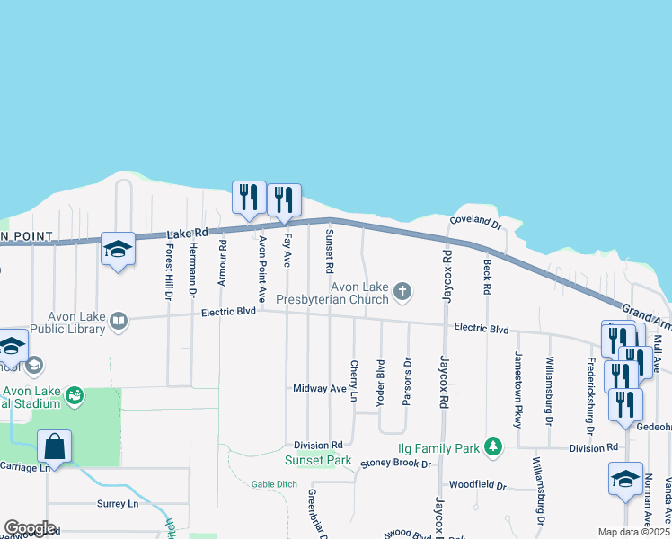 map of restaurants, bars, coffee shops, grocery stores, and more near 129 Sunset Road in Avon Lake