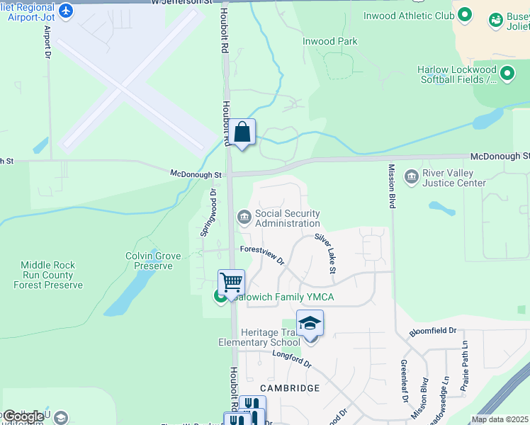 map of restaurants, bars, coffee shops, grocery stores, and more near 3515 Silver Leaf Drive in Joliet