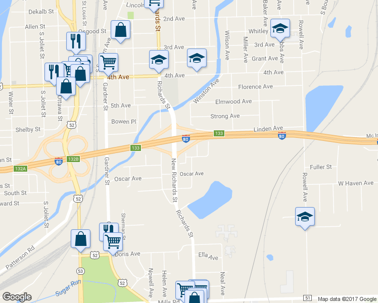 map of restaurants, bars, coffee shops, grocery stores, and more near 614 Ashley Court in Joliet