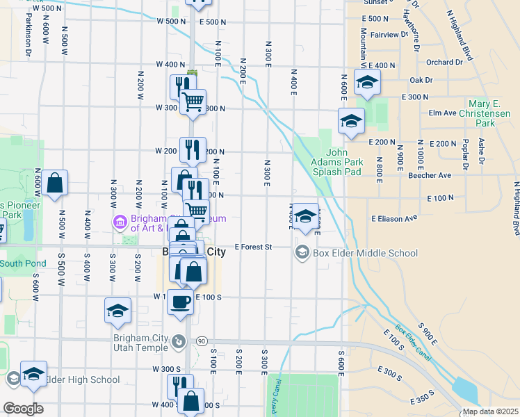 map of restaurants, bars, coffee shops, grocery stores, and more near 238 East 100 North in Brigham City