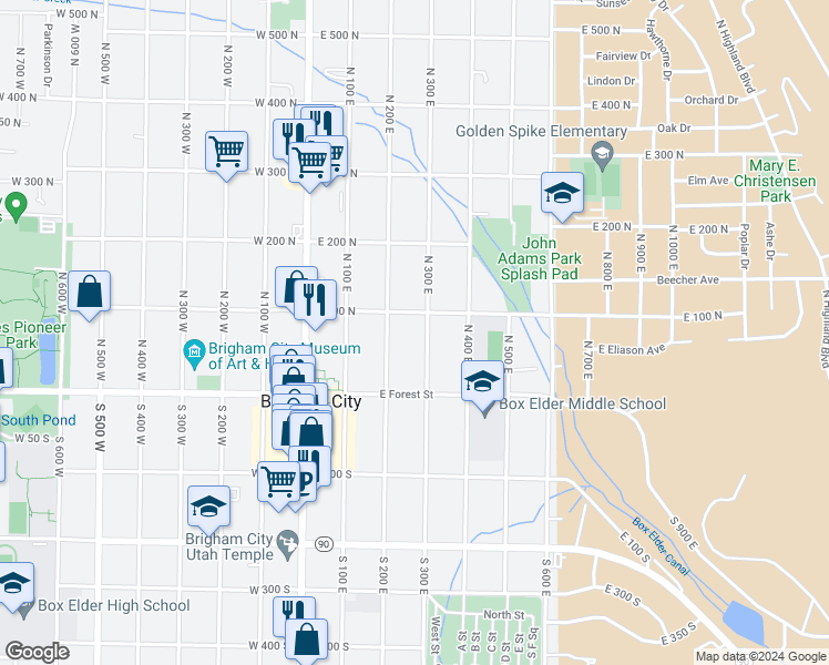 map of restaurants, bars, coffee shops, grocery stores, and more near 238 East 100 North in Brigham City