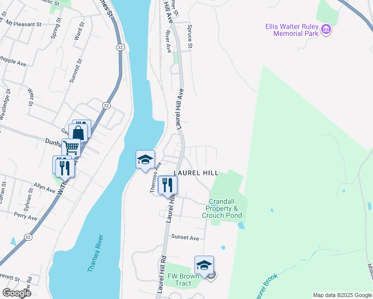 map of restaurants, bars, coffee shops, grocery stores, and more near 315 Laurel Hill Avenue in Norwich