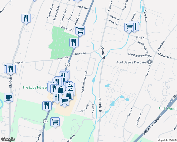 map of restaurants, bars, coffee shops, grocery stores, and more near 82 Old Stagecoach Road in Meriden