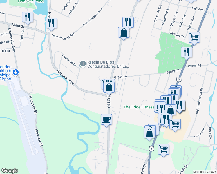 map of restaurants, bars, coffee shops, grocery stores, and more near 1012 Old Colony Road in Meriden