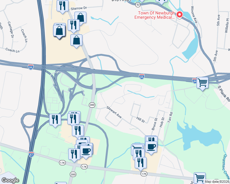 map of restaurants, bars, coffee shops, grocery stores, and more near 116 Stewart Avenue Extension in Newburgh