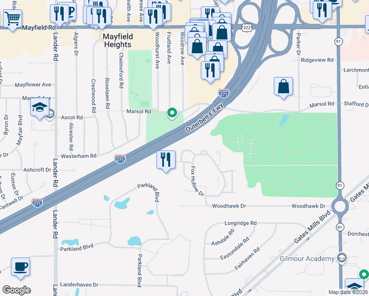 map of restaurants, bars, coffee shops, grocery stores, and more near 216 Teal Trace Drive in Mayfield Heights