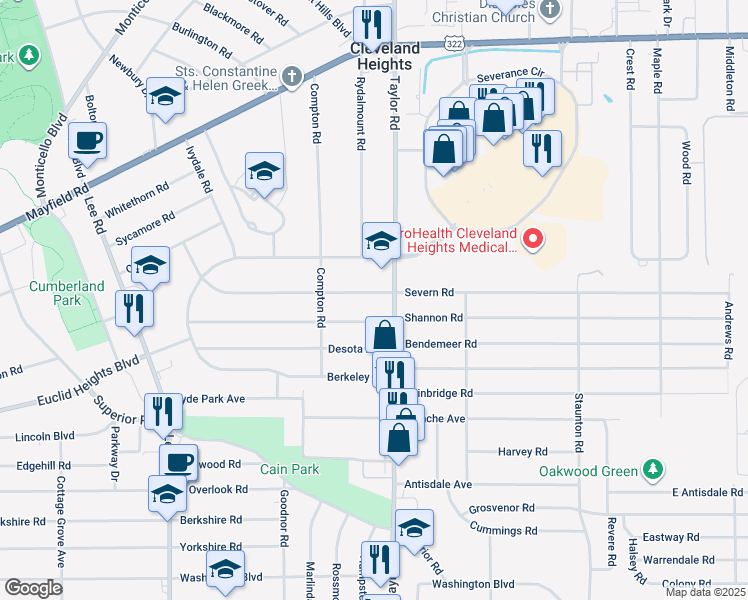 map of restaurants, bars, coffee shops, grocery stores, and more near 3439 Beechwood Avenue in Cleveland Heights