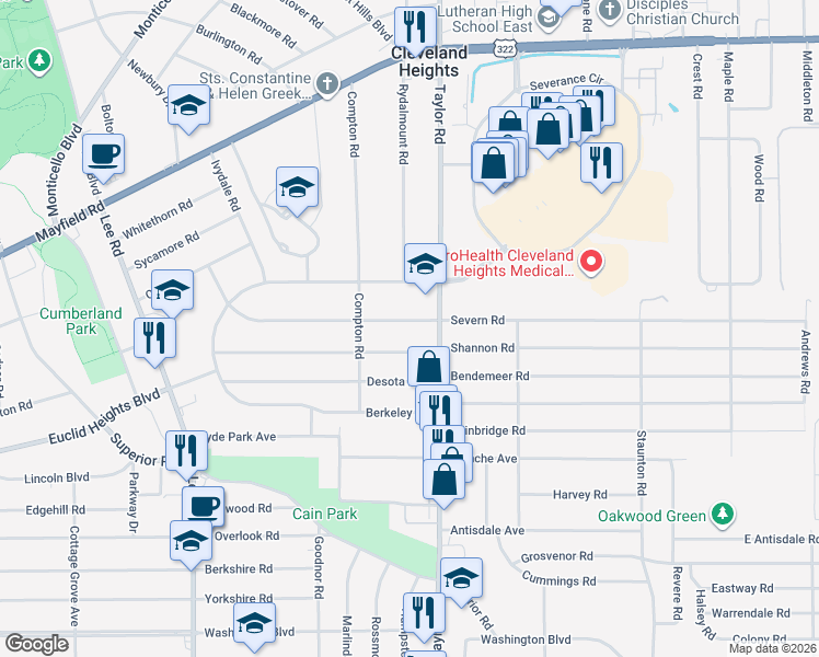 map of restaurants, bars, coffee shops, grocery stores, and more near 3439 Beechwood Avenue in Cleveland Heights