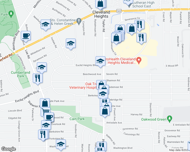 map of restaurants, bars, coffee shops, grocery stores, and more near 3405 Beechwood Avenue in Cleveland Heights