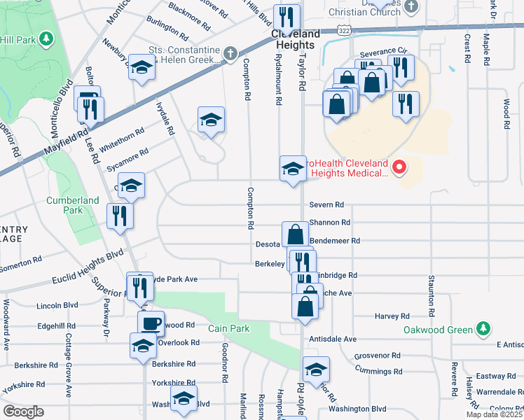 map of restaurants, bars, coffee shops, grocery stores, and more near 3405 Beechwood Avenue in Cleveland Heights