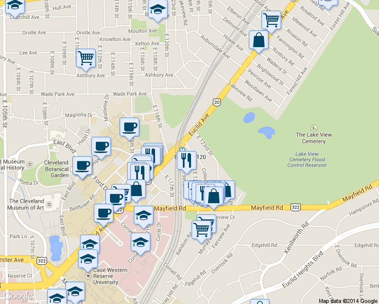 map of restaurants, bars, coffee shops, grocery stores, and more near 119 East 119th Street in Cleveland