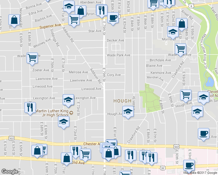 map of restaurants, bars, coffee shops, grocery stores, and more near 8008 Whitethorn Avenue in Cleveland
