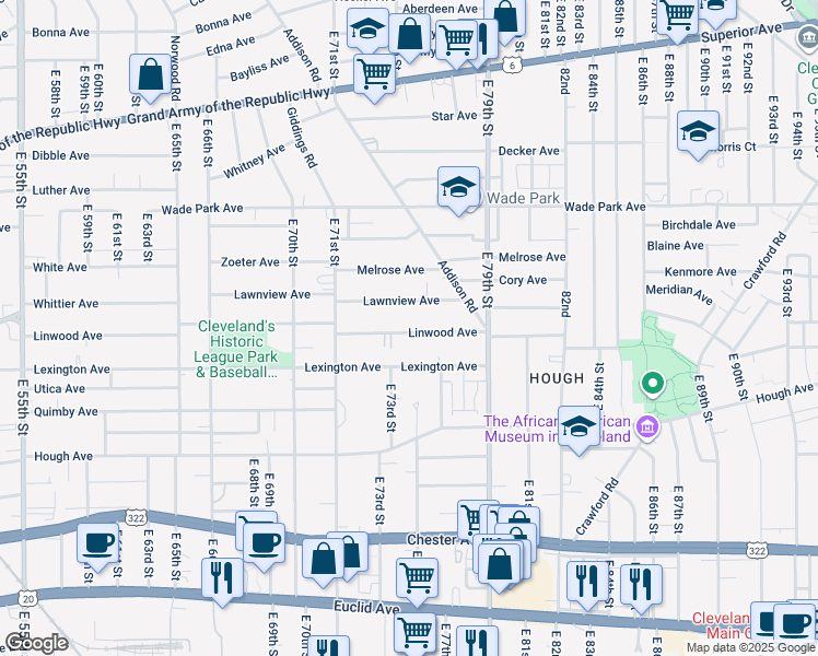 map of restaurants, bars, coffee shops, grocery stores, and more near 7519 Linwood Avenue in Cleveland