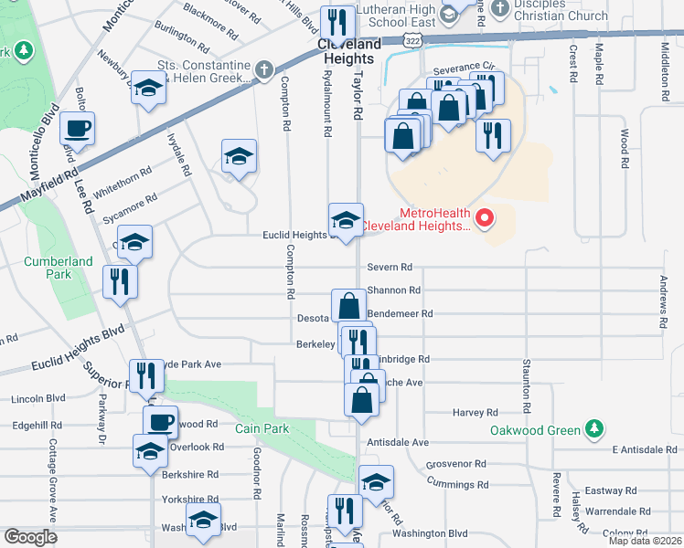 map of restaurants, bars, coffee shops, grocery stores, and more near 3439 Beechwood Avenue in Cleveland Heights
