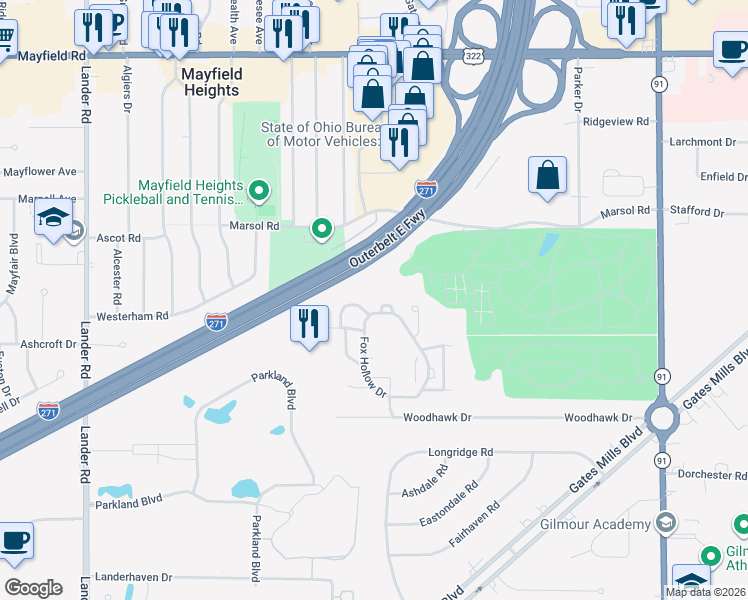 map of restaurants, bars, coffee shops, grocery stores, and more near 120 Fox Hollow Drive in Mayfield Heights