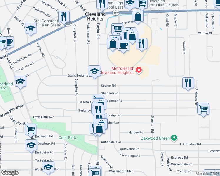 map of restaurants, bars, coffee shops, grocery stores, and more near 3521 Severn Road in Cleveland Heights