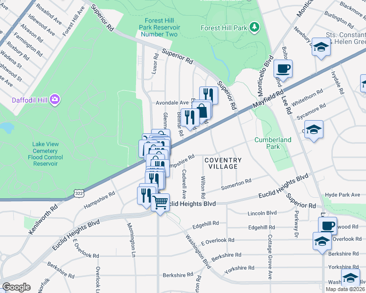 map of restaurants, bars, coffee shops, grocery stores, and more near in Cleveland Heights