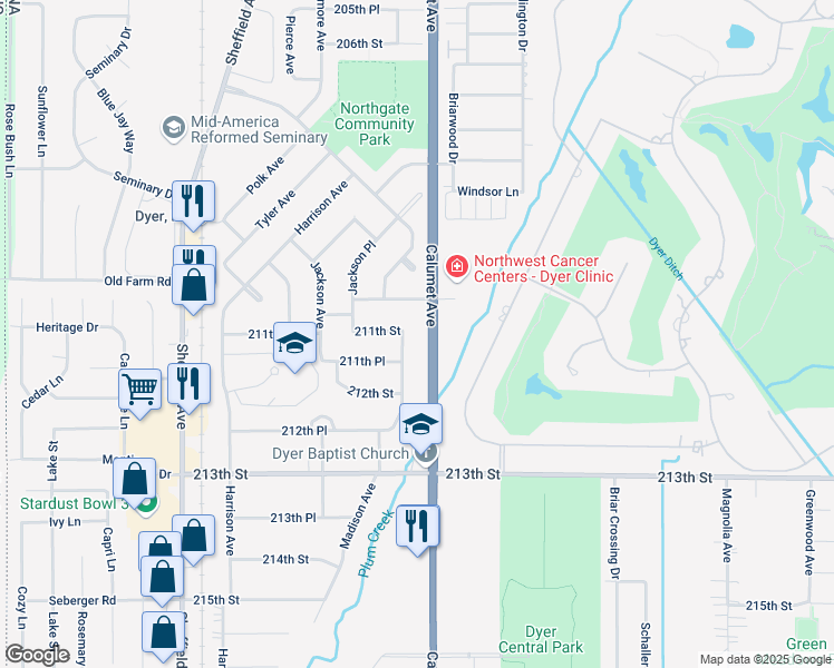 map of restaurants, bars, coffee shops, grocery stores, and more near 729 211th St in Dyer