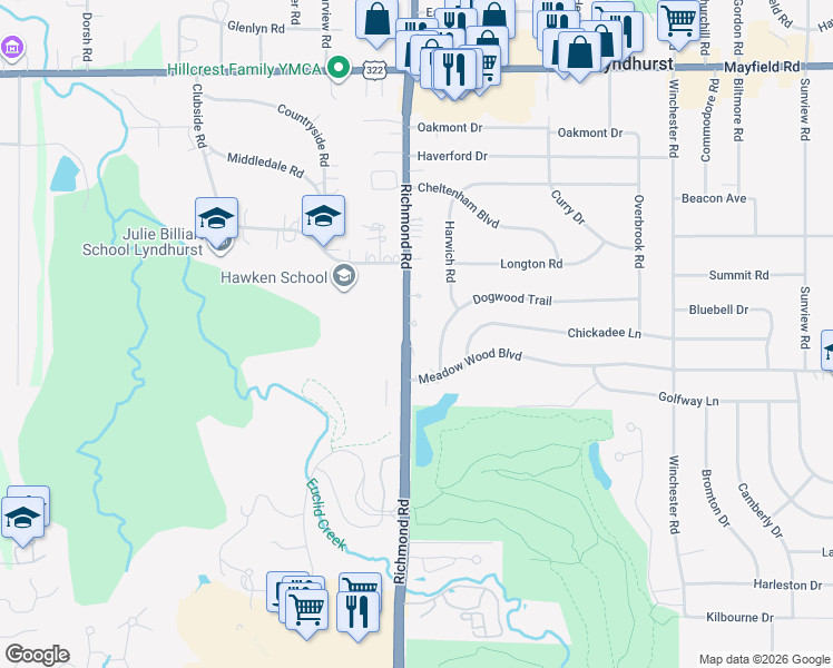 map of restaurants, bars, coffee shops, grocery stores, and more near 5105 Dogwood Trail in Cleveland