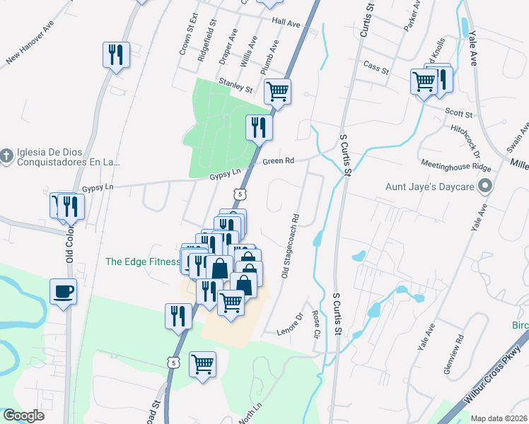 map of restaurants, bars, coffee shops, grocery stores, and more near 110 Ione Drive in Meriden