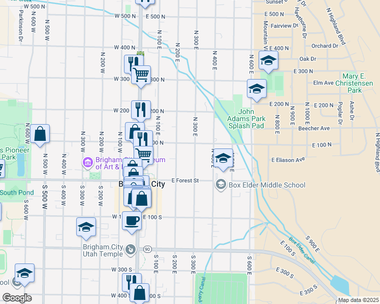 map of restaurants, bars, coffee shops, grocery stores, and more near 238 East 100 North in Brigham City
