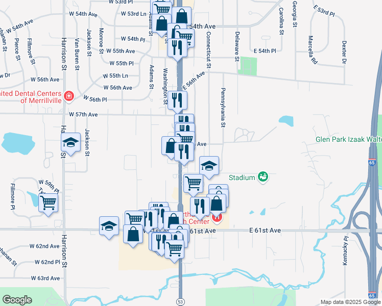 map of restaurants, bars, coffee shops, grocery stores, and more near 5825 Massachusetts Street in Merrillville