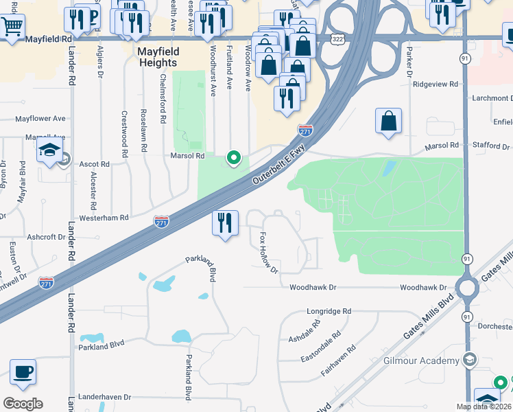 map of restaurants, bars, coffee shops, grocery stores, and more near 216 Teal Trace Drive in Mayfield Heights
